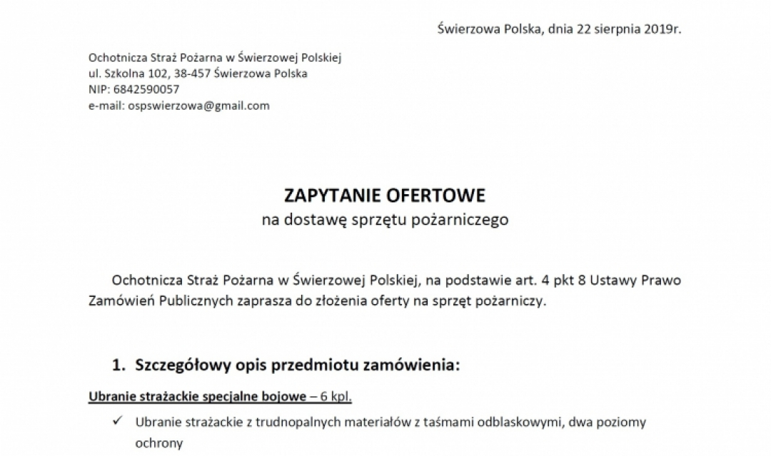 Zapytanie ofertowe na dostawę sprzętu pożarniczego